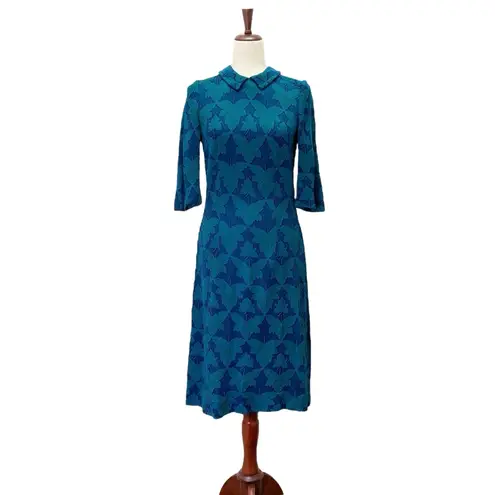 Vintage 1960s Jean Lang Original Blue Green Jacquard Leaf Print Dress Mod A