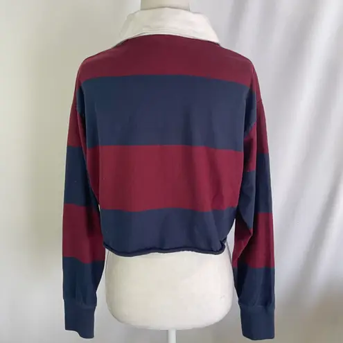 American Eagle New  Throwback Rugby Stripe Cropped Polo Shirt Maroon Navy Size XS