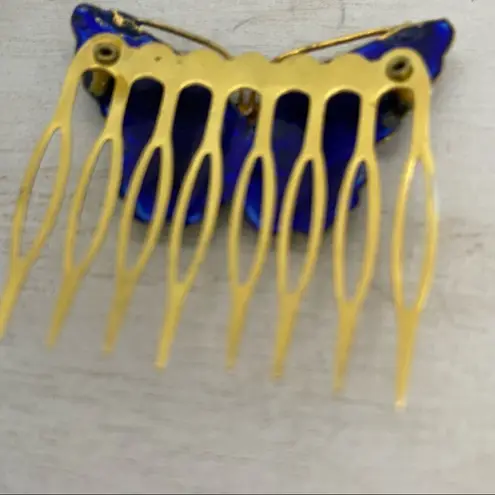Vintage Enamel Butterfly Floral Hair Comb Gold Blue