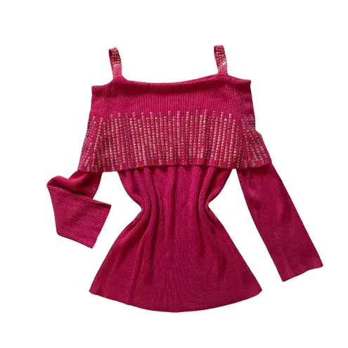 Y2K Off Shoulder Knit Sweater Women’s S Hot Pink Top Rhinestone Glam