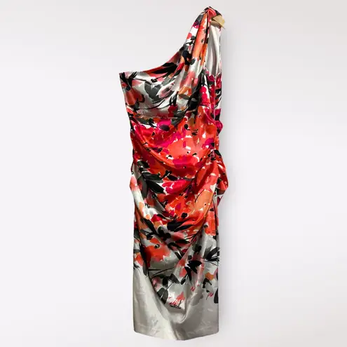 London Times Satin Dress Women's Size 8 Floral Ruched One Shoulder Midi Formal - Image 9
