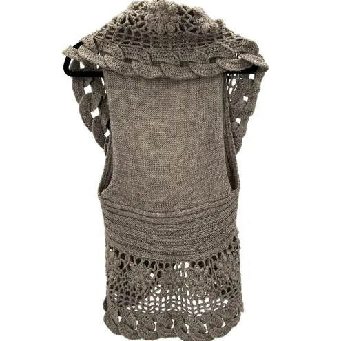 Womens Wool Blend Boho Normcore Crochet Open Knit Vest Cardigan Sweater Medium Brown