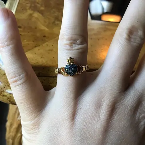 Natural Blue Diamond Sterling Silver Yellow Gold Vermeil Claddagh Ring Size 7