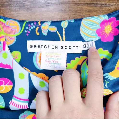 Gretchen Scott • Side Tie Dress mini shift sleeveless Animal Kingdom print navy