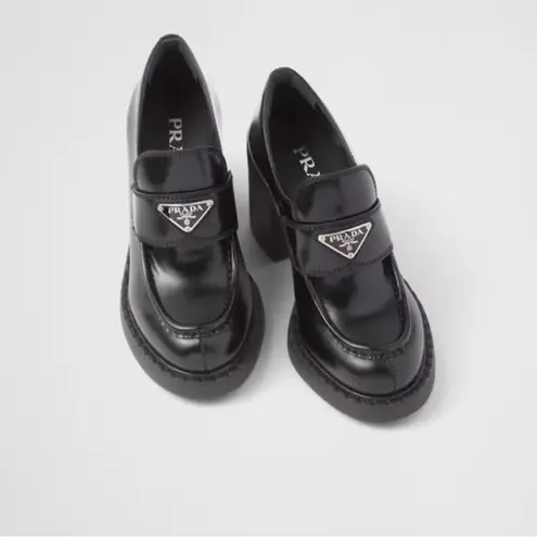 Prada  Chocolate Brushed Black Leather Heeled Loafers Size: 40
