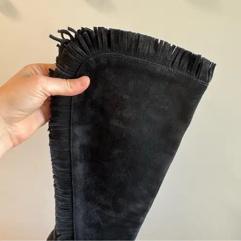 St. John Black Suede Fringe Trim Knee High Heeled Boots Size 7.5B