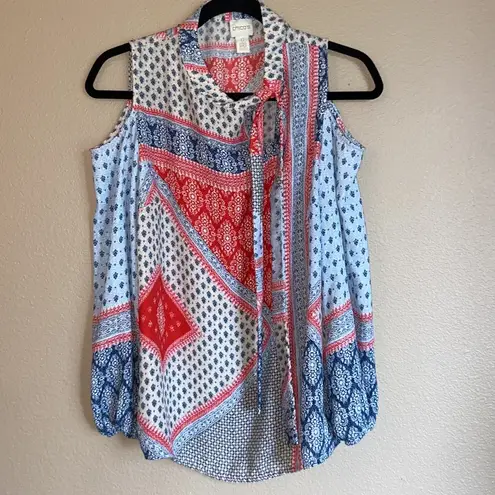 Chico's CHICO’S Size 0 Cold Shoulder Tie Neck Blouse Red Blue Cream Patchwork Bandana