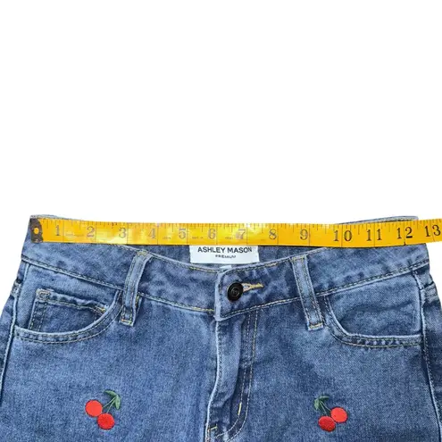 Ashley Mason Cherry Embroidered Cutoff Denim Jean Shorts Mid Rise Women’s 25 Festival Y2K