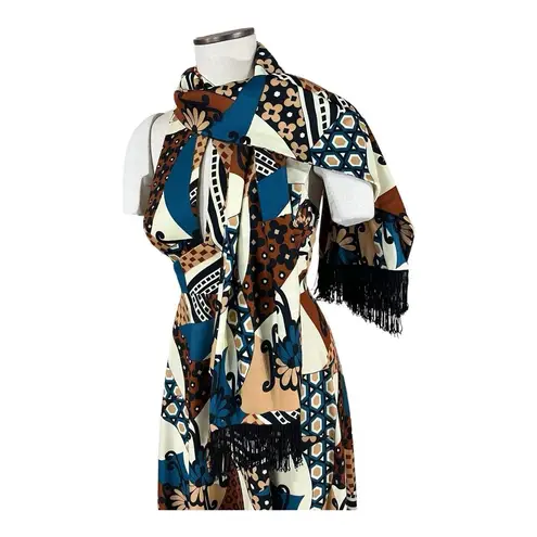 Neiman Marcus Vintage 60s/70s MOD Brown Abstract Maxi Dress Gown w/Wrap Shawl XS