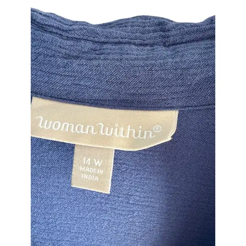 Woman Within Size 14W Blue Button-Front Maxi Dress Roll-Tab Sleeves