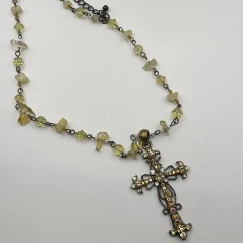 Cookie Lee Vintage Bronze Western w/Pink Stone Rhinestone Cross Pendant Necklace