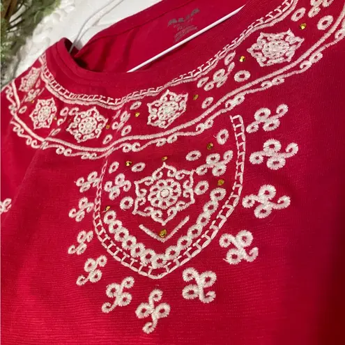 Alia Boho Vintage Red Short Sleeve Top with White Embroidery &golden rhinestones Size undefined