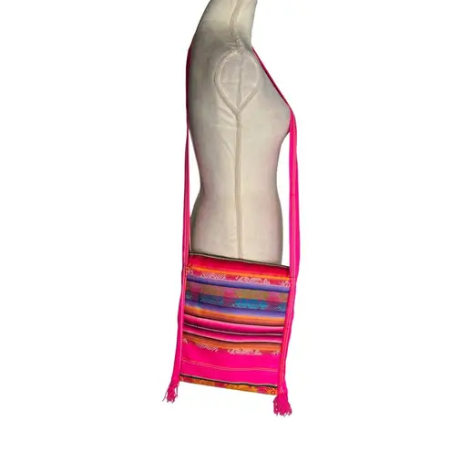 St. Thomas Pink Woven Crossbody Bag Embroidered Fish Design & Fringe Accents