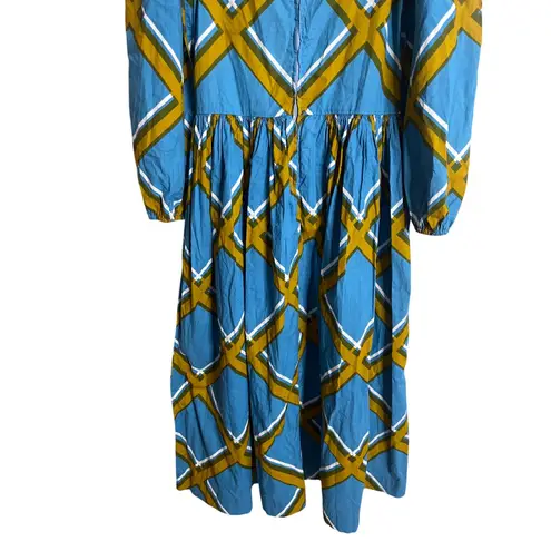 Vintage 1972 Marimekko Grid Pattern Cotton Maxi Dress Blue Yellow Womans 40/12