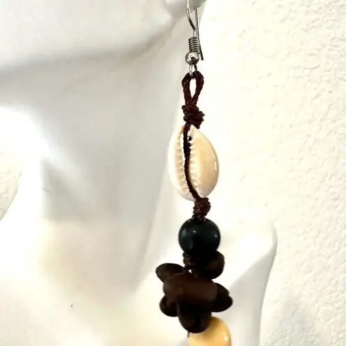 Mexican Coffee Bean shell Extra Long Feather Earrings