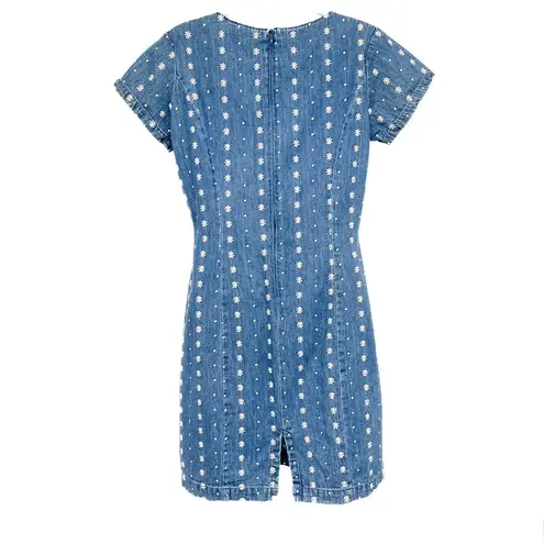 Vintage Floral Embroidered Denim Jean Midi Dress Short Sleeve Made in USA Size 4 Blue