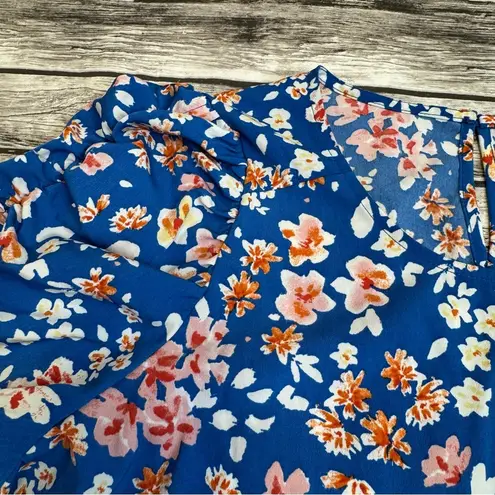 Pleione Women's Floral Blouse Top Shirt Blue S SM Small Short Puff Sleeve Light