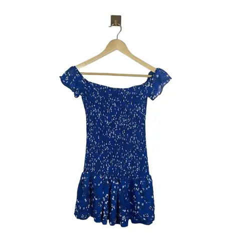 ZARA  Smocked Floral Bodycon Off the Shoulder Mini Dress in Blue/White Size S