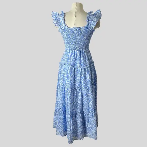 J. Marie Midi Dress S Blue White Sea Shell Print Smocked Ruffle Strap Tiered