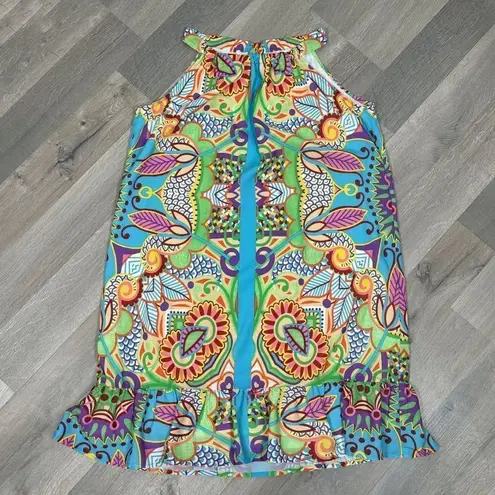 Jade Melody Tam Multi Floral Print Ruffle Hem Tunic Halter Dress Medium Blue - Image 11