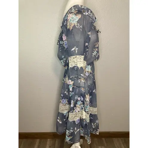 Vintage Dress S Boho Babydoll Cottage Romantic Prairie Floral Tiered Midi Sheer Blue