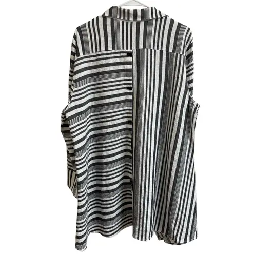 Ali Miles Women Sz XL Black White Stripe Minimalist Long Tunic Top Crinkle Artsy
