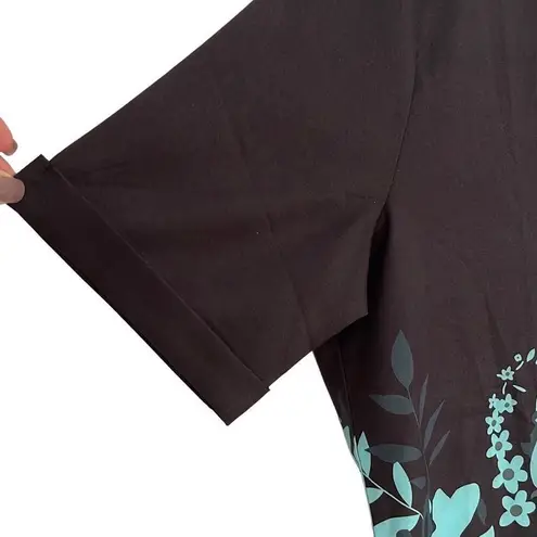 Made with Love Short Sleeve Pullover Blouse Black Turquoise Floral Size Medium