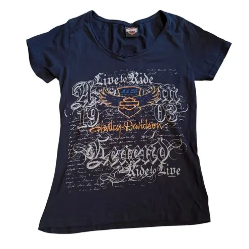 Harley Davidson Size S Live To Ride Rhinestone Bedazzled Tee Black AOP Bling