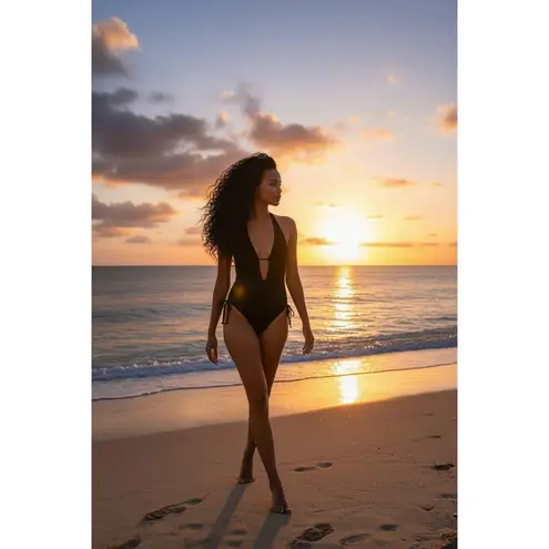 Black Plunge Tie Side Ruched One Piece Swimsuit Adjustable Bathing Suit XS