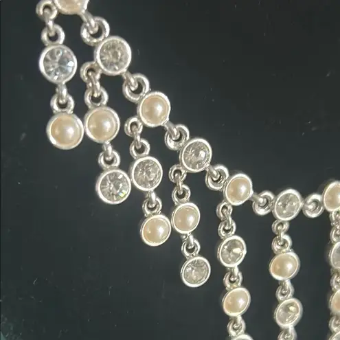 Waterfall Rhinestone Pearl and Silver Bridal Prom Formal Occasion Necklace