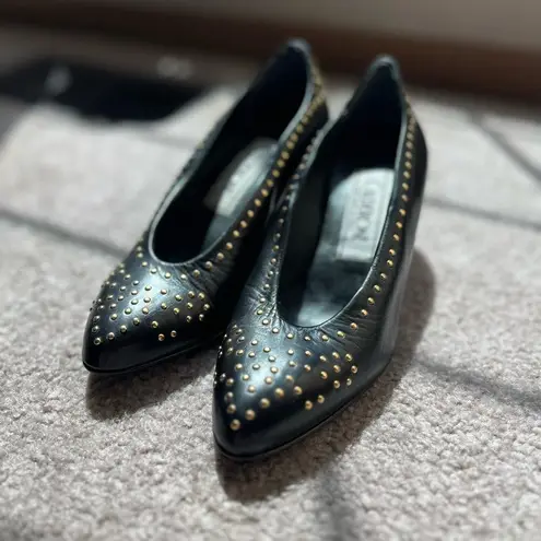 Vintage Italian Black Leather Studded Heels | 80s Minimal Chic Size 5.5 EU 35.5