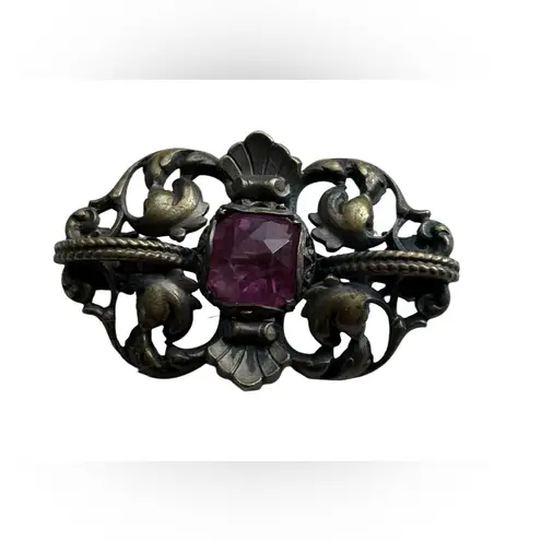 Antique Victorian Paste Brooch Gothic Revival Dark Patina Metal Pink