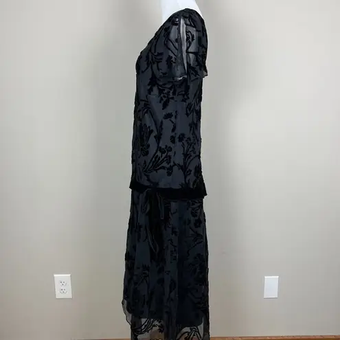 Vintage Y2K Velvet Burnout Dress 12 Black Floral Drop Waist Bow Fairy Whimsigoth