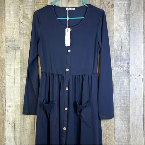 Slig Navy Blue Medium Scoopneck Faux Button Front Pullover Dress with 2 Pockets