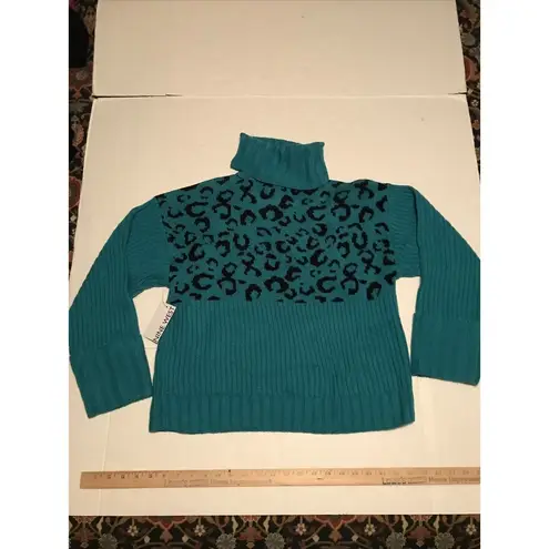 Nine West Sweater Women’s Sz M Teal Cheetah Ribbed Knit Turtleneck Pull Over New