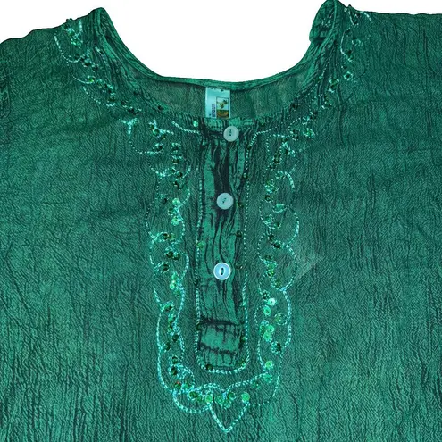 Women's India Boutique Green Boho Top Shirt Free Size Sequin Embroidery Flowy