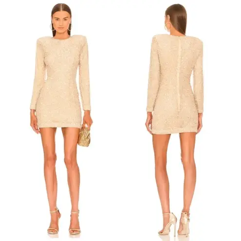 RETROFÊTE‎ Nikki Sequin Long Sleeve Minidress in Sea Shell Size Small NWT Tan
