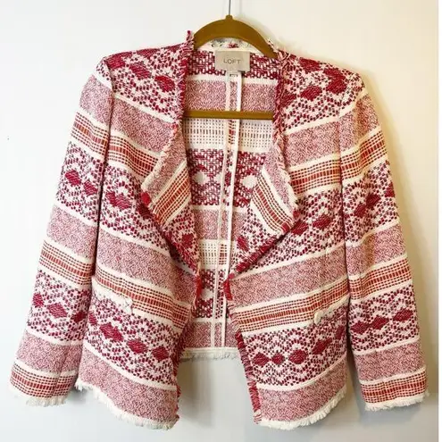 Loft  Womens Fringe Tweed Open Front Blazer Jacket Red White Patterned 2