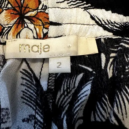 Maje  Washed Silk Trimmed Crepe Wide Leg Pants 100% Silk High Rise Floral 2 M 28"