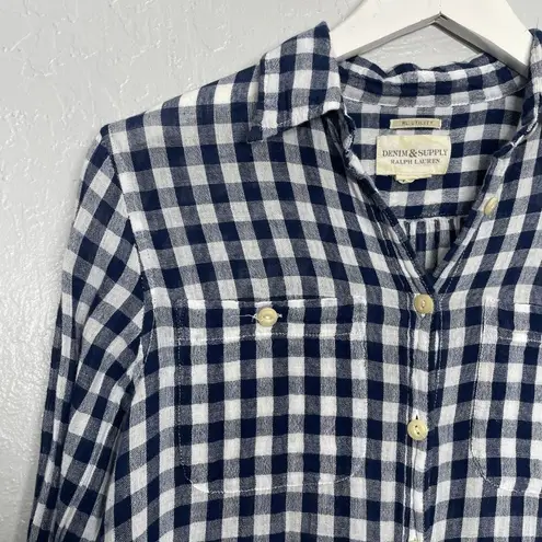 Denim & Supply Ralph Lauren  Women M Blue White Gingham Plaid Shirt Long Sleeve