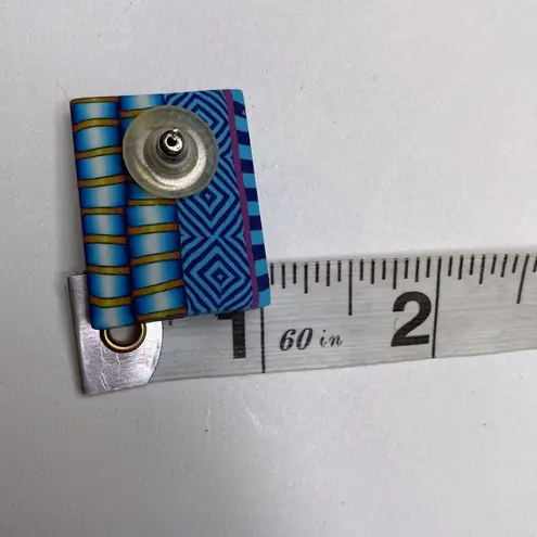 Women’s Rectangular Abstract Artsy Abstract Tribal Earrings EUC OS Blue Yellow