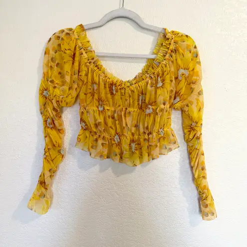 Urban Outfitters NWT  Isla Sunflower Print Smocked Off-Shoulder Sheer Crop Top