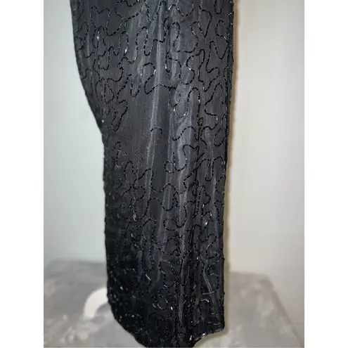 100% Silk Vintage Women’s Black Beaded Open Back MIDI Dress LARGE