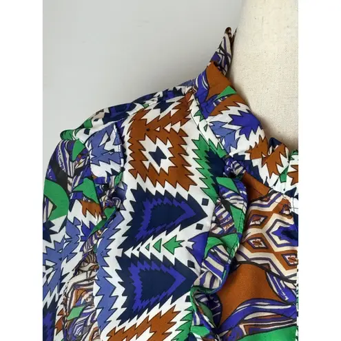 Joy Joy Dress Women Medium Blue Green Abstract Long Sleeve Ruffle Neck Mini