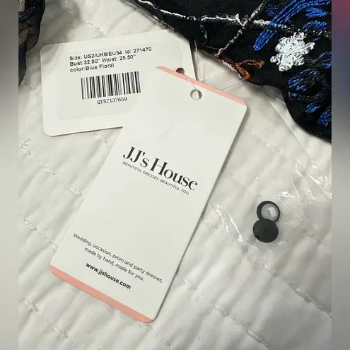 JJ's House Sheath/Column Illusion Boat Neck Floor Length Blue Floral Lace Dress