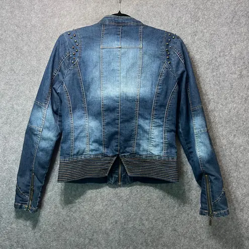 JouJou Women's Denim Moto Jacket Studded Shoulder Zip Pockets Blue Size M Size M