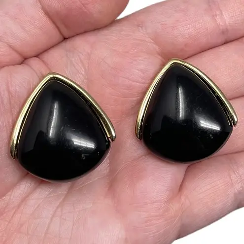 Monet Vintage Signed Gold Tone Black Acrylic Clip On Earrings Statement Classic