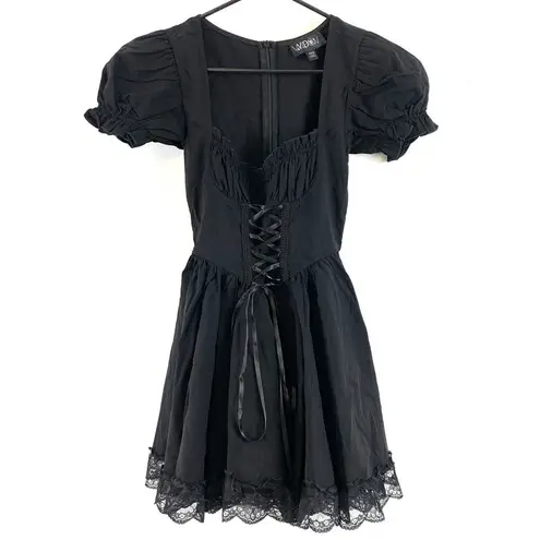 Dolls Kill  Widow Hazy Haunting Corset Puff Sleeve Milkmaid Mini Dress Black XXS