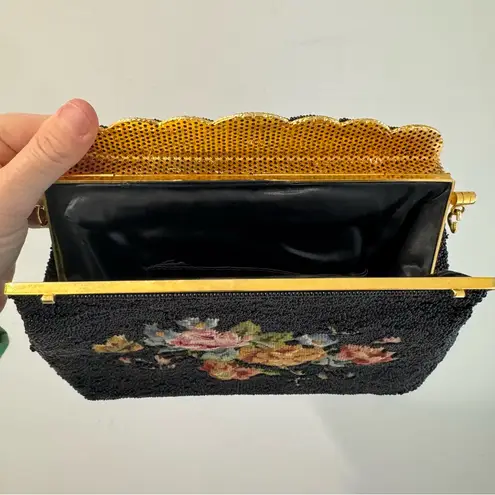 Vintage 60s Black Fully Beaded Floral Needlepoint Bag