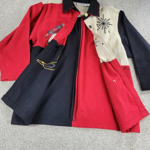 At Ease Women's Wool Cardinal Jacket 1X Red Black Collared Embroidered Patchwork
